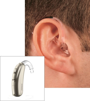 A BTE device alone and being worn