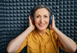 Woman wearing audiometry headphones while hearing test and audiogram in special audio room