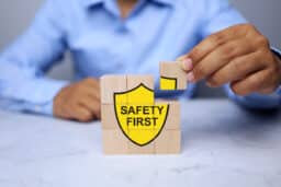 Man building a "safety first" sign out of blocks.