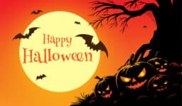 A striking orange-toned Halloween vector illustration featuring a huge full moon with "Happy Halloween" typography in the center.