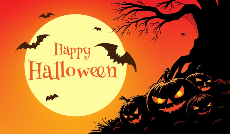 A striking orange-toned Halloween vector illustration featuring a huge full moon with "Happy Halloween" typography in the center.